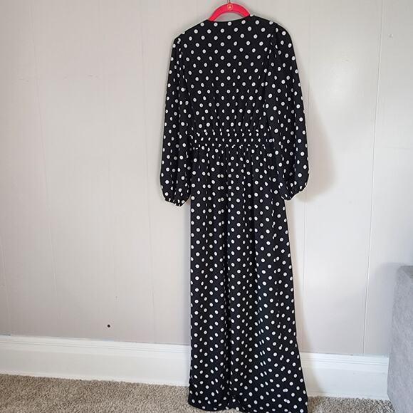 LeRumi Polka Dot Classic Black White Wide Leg Button Up V Neck Jumpsuit S - Picture 10 of 13